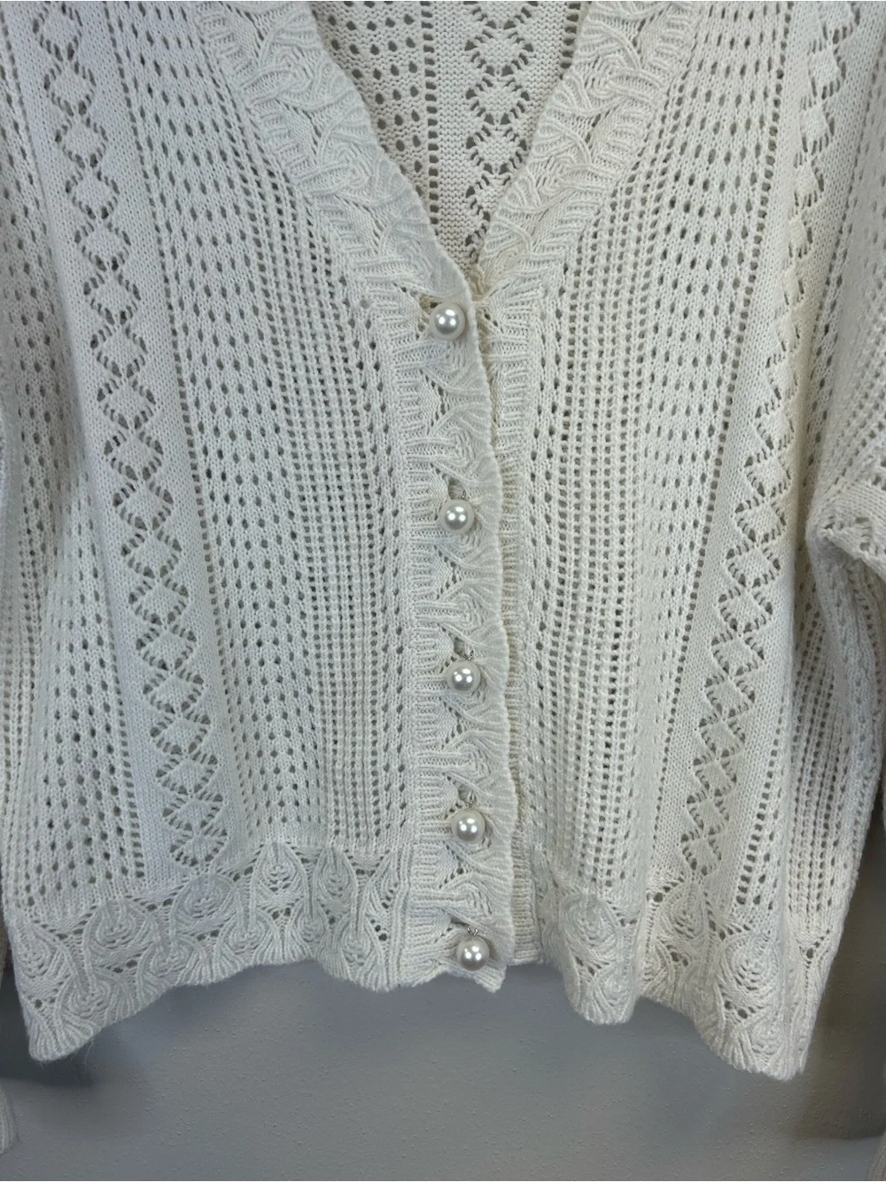 Cottagecore Feminine Size L Open Knit V-Neck Cardigan Sweater Pearl Buttons Boho - Picture 5 of 10